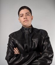 Leather Jacket Androgynous Model Masculine Butch Lesbian Woman Buzzcut Hair LGBTQ