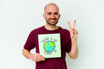 Young caucasian bald man holding a there is not planet B placard isolated on purple background showing number two with fingers.