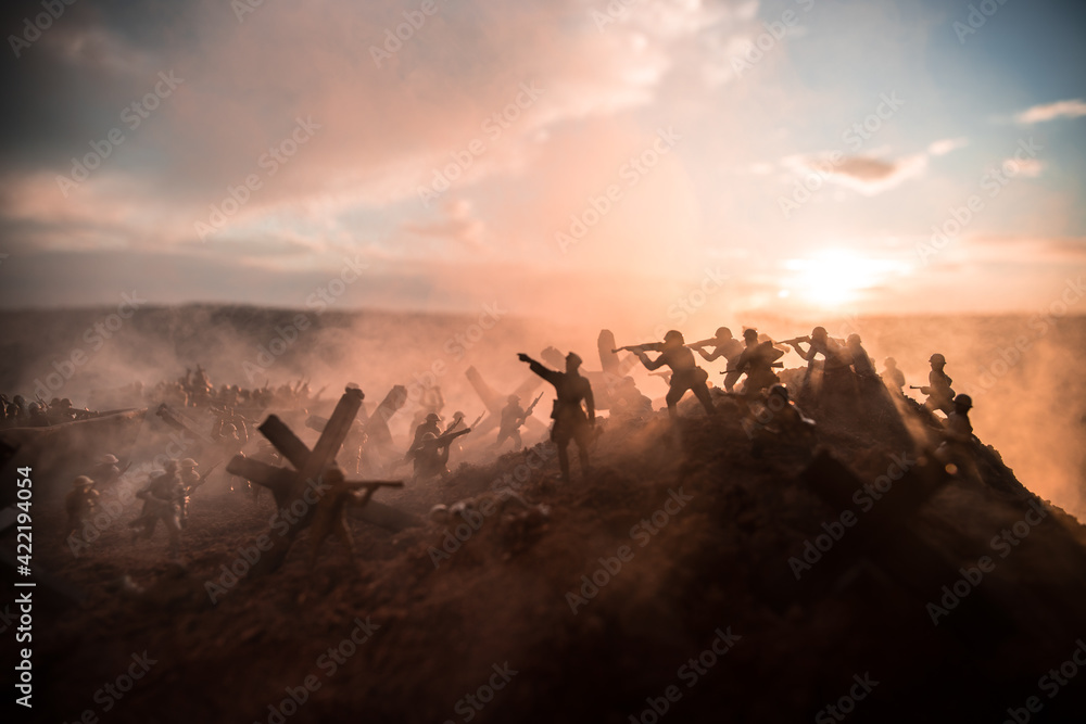 World War 2 reenactment (D-day). Creative decoration with toy soldiers, landing crafts and hedgehogs. Battle scene of Normandy landing on June 6, 1944. - obrazy, fototapety, plakaty 