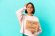 © Asier - Young hispanic mixed race woman holding an inspiring change message on cardboard being shocked, she has remembered important meeting.