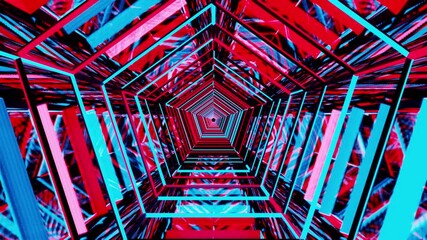 Wall Mural - 4k video animation of beautiful red and blue color neon lighting pentagon shape tunnel looping motio