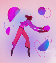 African Girl Create Shapes With Virtual Reality Headset With Abstract Shape. Modern Design For Art Creation And Entertainment. Illustration With Gradient.
