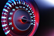3D illustration close up black car panel, digital bright speedometer in sport style under red neon light. The speedometer needle shows a maximum speed of 240 km / h