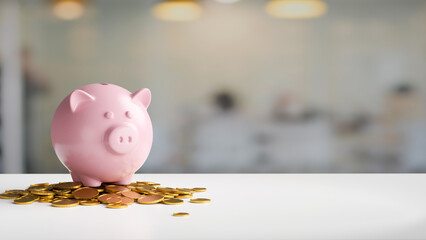 Wall Mural - 3D rendering,  saving money concept, pink piggy bank and coins on white desk with copy space, 3D illustration