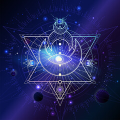 Wall Mural - Vector illustration of Sacred geometric symbol against the space background with planets and stars. Mystic sign drawn in lines. Image in purple color.