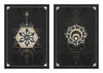 Wall Mural - vector dark illustrations with sacred geometry symbols, grunge textures and frames. images in black,