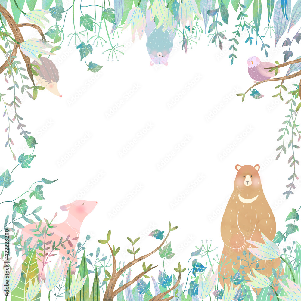 春の動物と植物の北欧風かわいいフレームイラスト素材 Stock