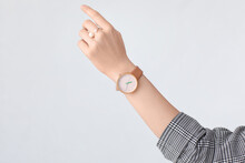 Female Hand With Stylish Wrist Watch On White Background