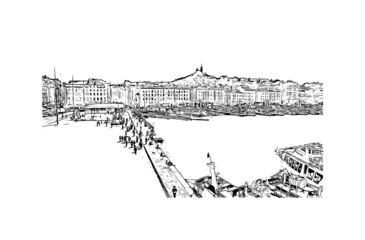 Building view with landmark of Marseille is the port city in southern France. Hand drawn sketch illustration in vector.