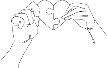 Contour continuous illustration of a single line. The puzzle of the heart is held by two hands, male and female. Black and white background vector illustration