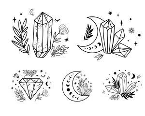 celestial set. moon crystal set. hand drawn lines magic celestial crystals, stars flowers. mystical 