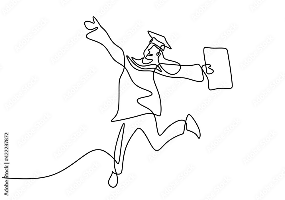 Continuous line drawing of young happy students graduate college ...