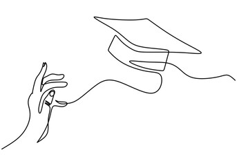 One line drawing group of young happy graduate hand's college student jump while throwing the graduation cap. A male express to celebrate his school graduation. Education celebration concept