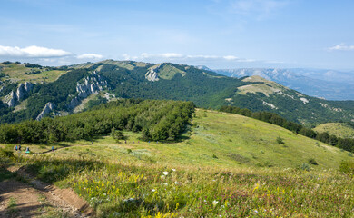 View of the surrounding mountains from the top of the Demerdzhi mountain range in Crimea.