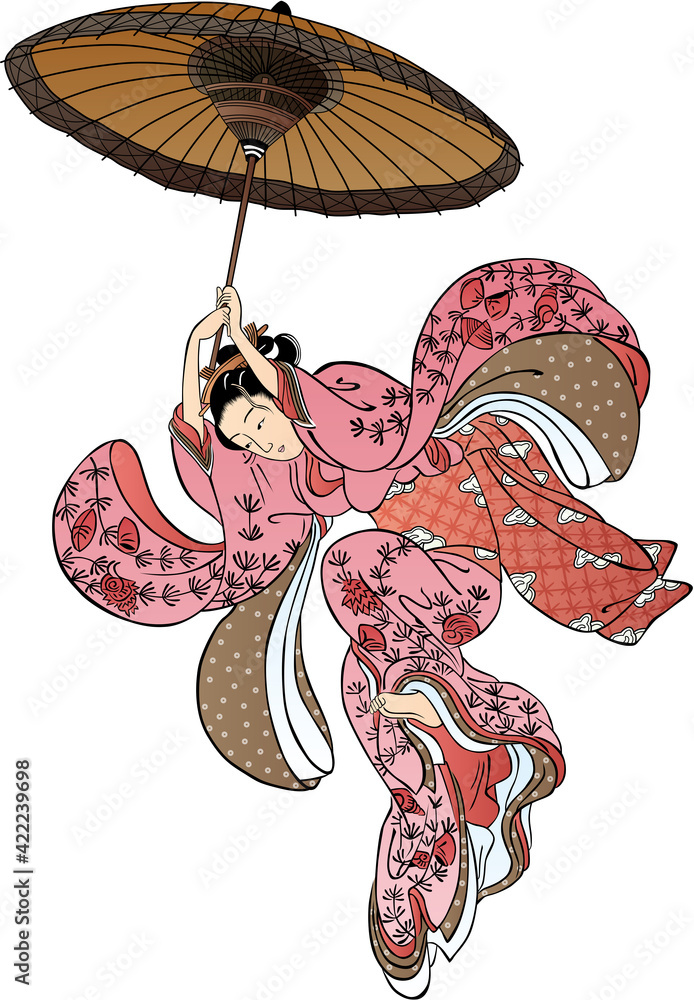 浮世絵 傘で飛ぶ和服美人 その2 の Stock ベクター | Adobe Stock