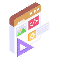 Sticker - 
Web page with scale and coding denoting isometric icon of web design 

