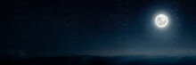 Mountain. Backgrounds Night Sky With Stars And Moon And Clouds.