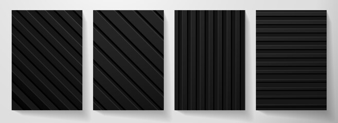 Wall Mural - Modern blank black background design set. Creative dynamic diagonal, line pattern (geometric stripe ornament). Abstract graphic vector background for cover, vertical business page, flyer template