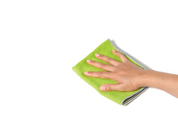 Hand wiping surface with green rag isolated on white