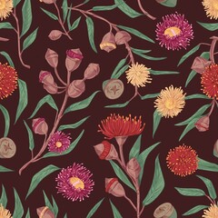 Poster - Seamless floral pattern with blooming eucalyptus flowers on dark background. Endless hand-drawn botanical texture. Realistic vector illustration of repeatable backdrop in retro style