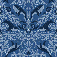 Nautical Damask Pattern With Whales, Pattern Illustration