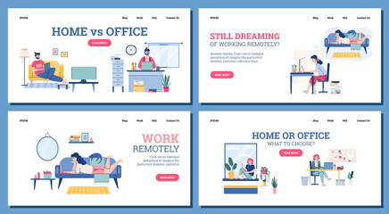 Set of web banners freelance vs work in office, cartoon vector illustration.