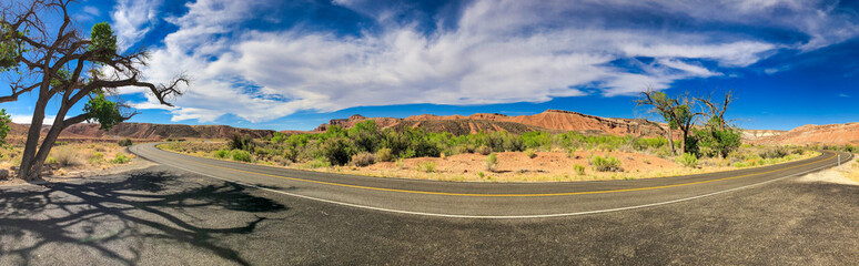 Canvas Print - Road across Capitol Reef National Park, Utah in summer season - Panoramic view