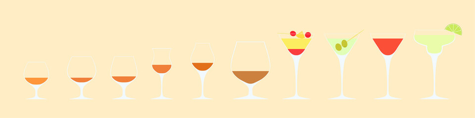 Wall Mural - Vector illustration of 10 beverages set. Cocktails, brandy and cognac glasses. Alcoholic drinks in flat style for infographic, articles, banners.