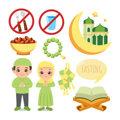 Cute Muslim man and woman in hijab. Ramadan fasting decoration element greeting clip art. Flat vector cartoon design.