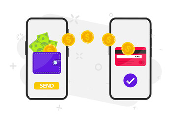 Poster - Money transfer. Online payment. Send and receive money wireless with their phone. Phone with banking payment app. Capital flow, earning. Financial savings or economy. Money online on mobile phone