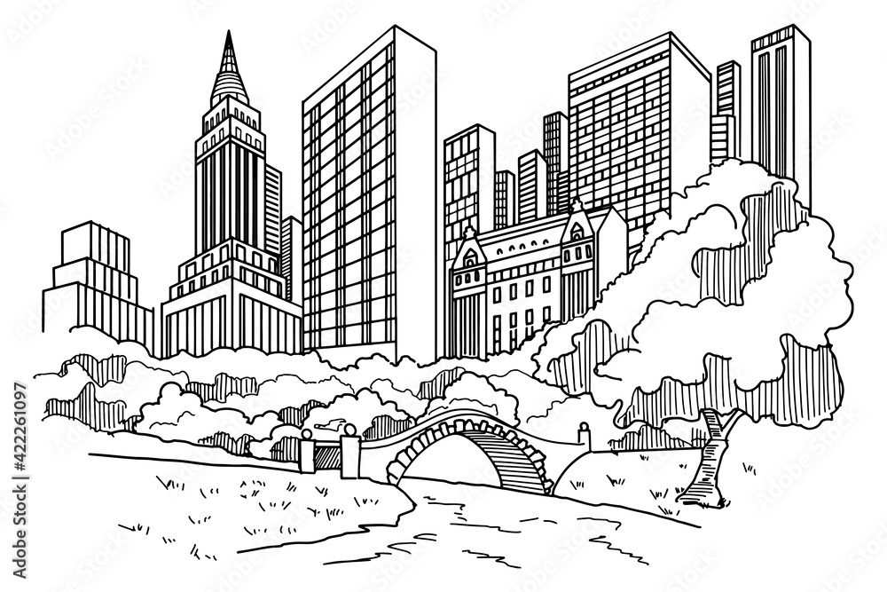 Hand drawn sketch of Central park in New York city.