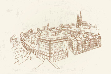 Fototapete - vector sketch of bird's-eye view of Zagreb, Croatia.