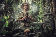 Brave Woman Exploring The Tropical Jungle