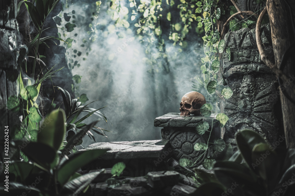 Human skull and ancient ruins in the jungle - obrazy, fototapety, plakaty 