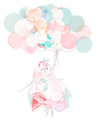 Wall Mural - Fashion vector illustration with beautiful girl in rose dress holding balloons