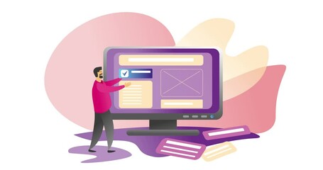 A man collects a website on a computer monitor. Programmer UV UX design.