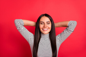 Poster - Top high above angle view photo of young happy cheerful smiling girl daydreaming isolated on red color background