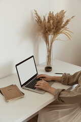Wall Mural - Beautiful woman working, typing on laptop. Cozy comfortable home office workspace interior design. Work at home. Laptop computer with blank space screen. Mockup for blog, social media, web.