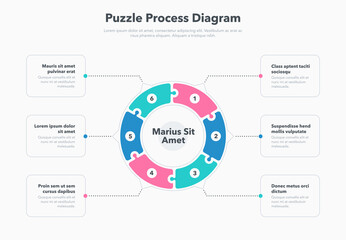 Wall Mural - Simple concept for puzzle process diagram with six steps and place for your description. Flat infographic design template for website or presentation.