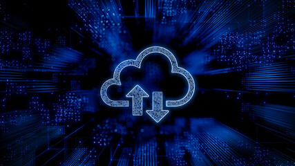 Data storage Technology Concept with cloud symbol against a Futuristic, Blue Digital Grid background. Network Tech Wallpaper. 3D Render 