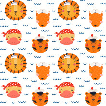 Cute Animals In Sailor Hats, Sea Waves Nautical Seamless Pattern On White Background. Hand Drawn Vector Illustration. Scandinavian Style Flat Design. Concept For Kids Textile Print, Wallpaper, Package