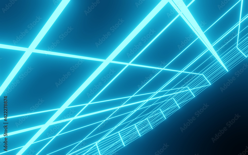 Abstract Background 3D rendering blue room with stripes of neon lights ...