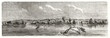 Flat water ov a river flowing in horizontal direction on Nauvoo, Illinois. Coast in the distance. Ancient grey tone etching style art by unidentified author, Le Tour du Monde, 1862