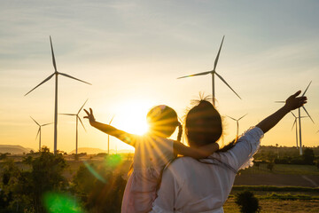 wind turbines are alternative electricity sources, the concept of sustainable resources, people in t