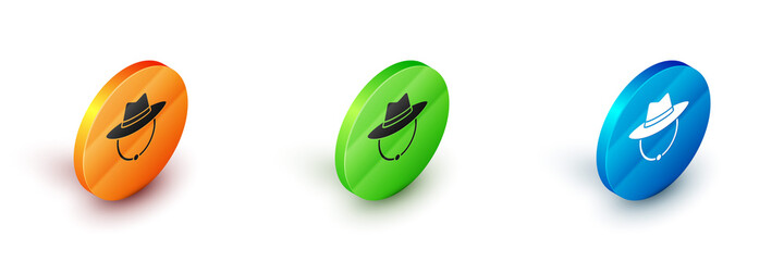 Poster - Isometric Western cowboy hat icon isolated on white background. Circle button. Vector