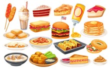 American Food Vector Icon. Corn Dog, Clam Chowder, Biscuits And Gravy, Apple Pie, Blt, Sandwich And Buffalo Wings. Red Velvet Cake, Grits, Monte Cristo Sandwich, Pancakes, Maple, Spray Cheese And Ets