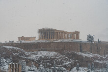 Ancient Acropolis Of Athens In Snow