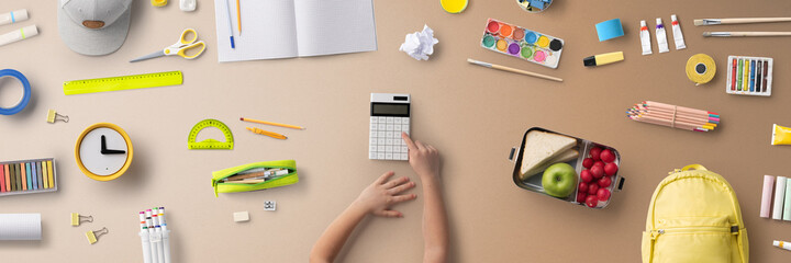 Flat lay top view of school supplies, back to school concept.