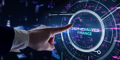 defi -decentralized finance on dark blue abstract polygonal background. concept of blockchain, decen