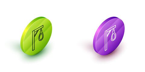 Sticker - Isometric line Gallows rope loop hanging icon isolated on white background. Rope tied into noose. Suicide, hanging or lynching. Green and purple circle buttons. Vector